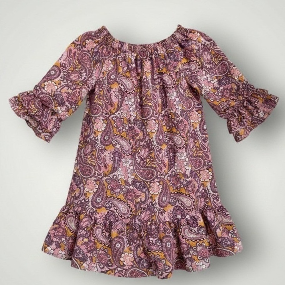 Grace + Karma Paisley Dress Small Purple Babydoll Boho Ruffle Off Shoulder Retro